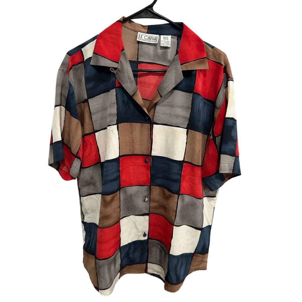 Le Caviar Color Block Short-Sleeve Button-Down Shirt Sz Medium